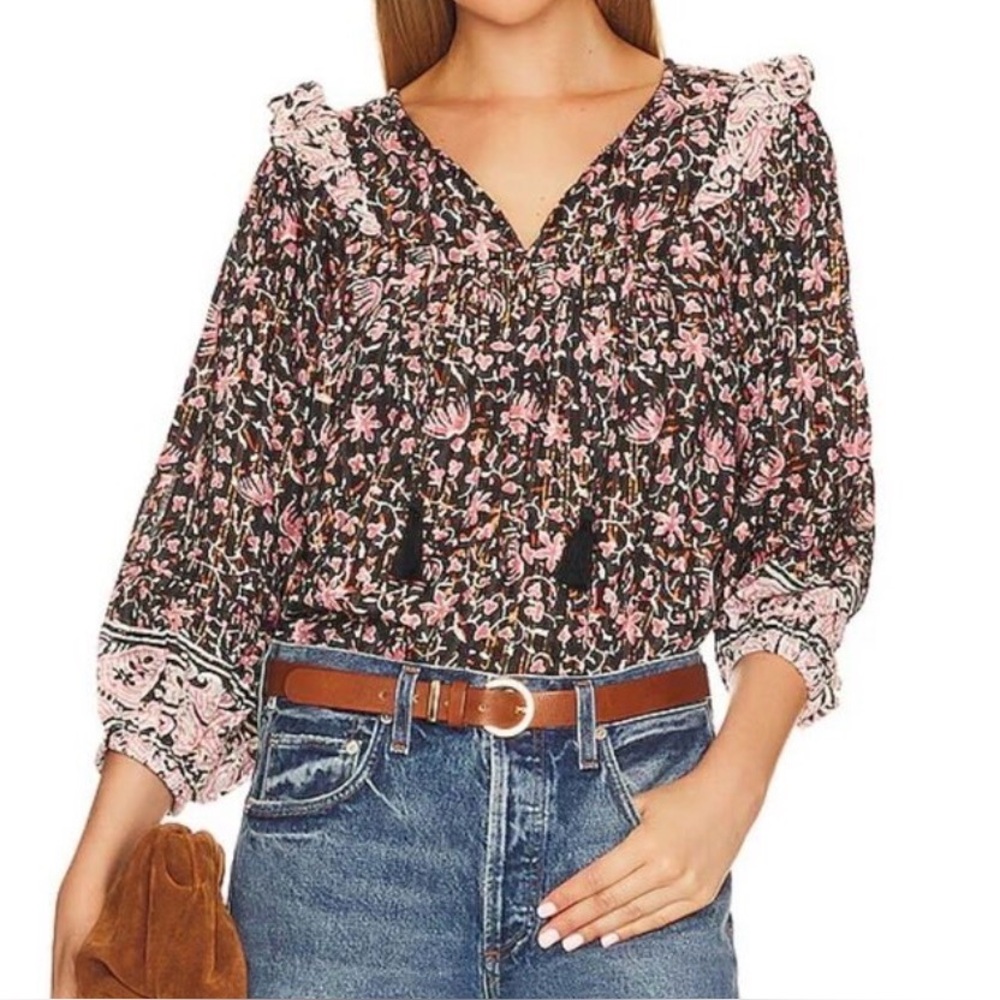 NWT Cleobella Fan Print Brynlee Organic Cotton Floral Ballon Sleeve Blouse small